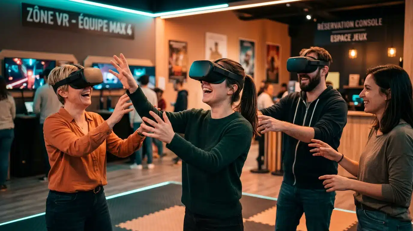 Groupe de joueurs avec casques VR dans une escape room en réalité virtuelle