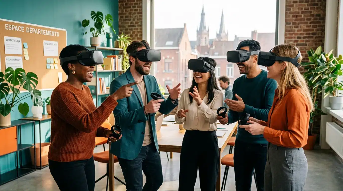 Collègues en team building portant des casques de réalité virtuelle