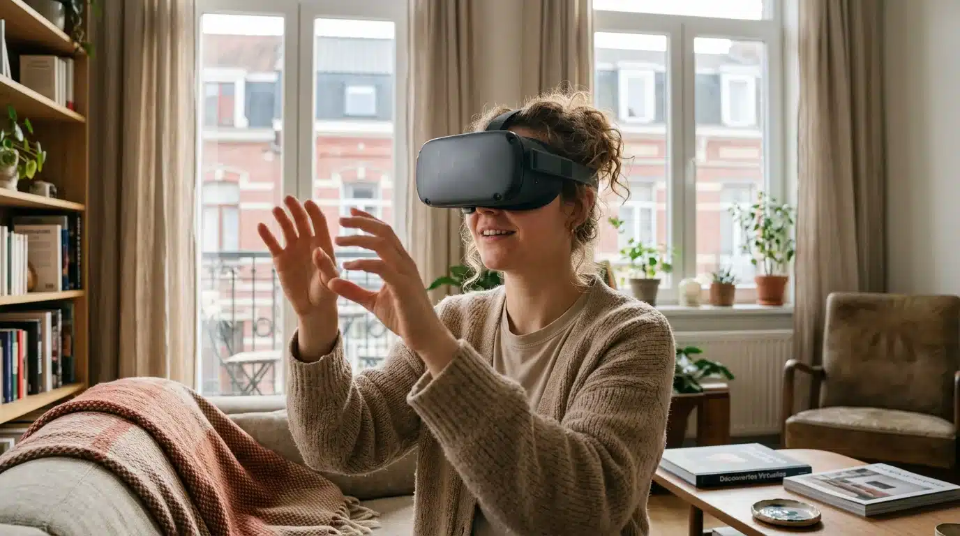 Person wearing a VR headset and interacting with a virtual object