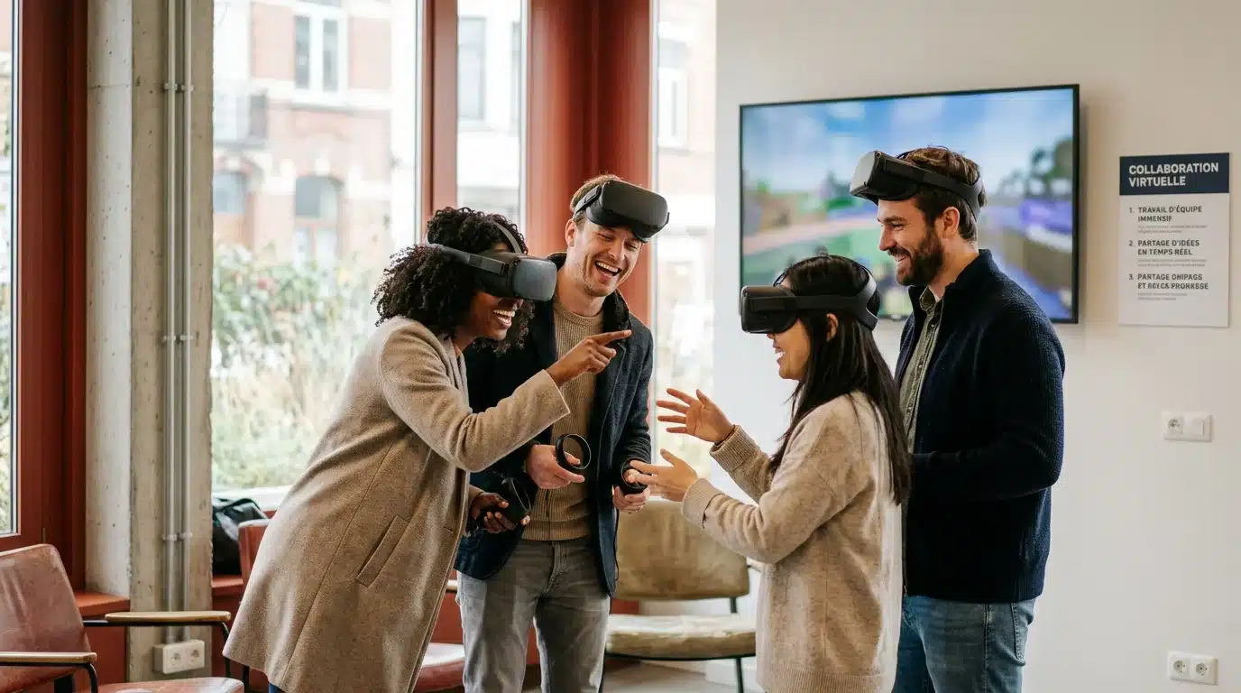 Group of adults wearing VR headsets during a collaborative activity