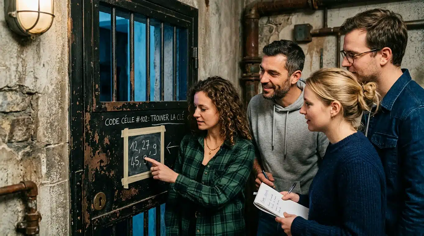 Une équipe résout des énigmes dans une cellule d'escape game sur le thème de la prison