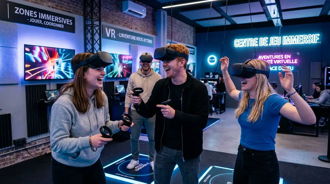 Groupe d'amis jouant à un escape game en réalité virtuelle avec des casques VR