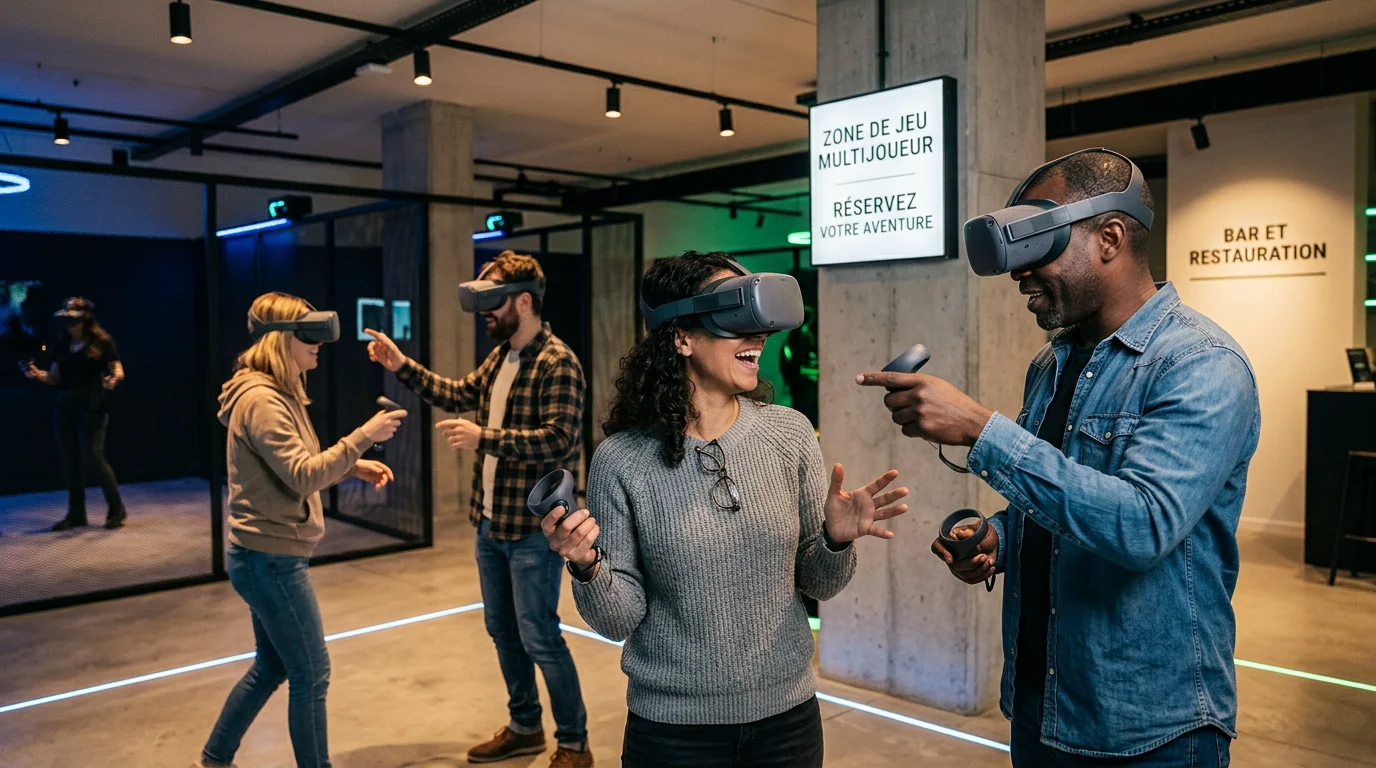 Des collègues coopèrent avec des casques de réalité virtuelle lors d'un teambuilding