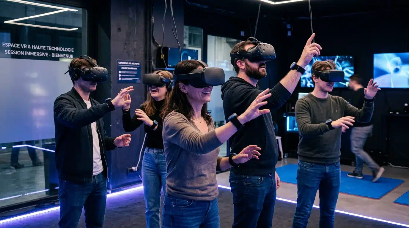 Groupe de joueurs équipés de casques de réalité virtuelle dans une salle immersive