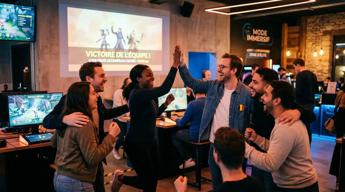 Équipe de collègues célébrant leur réussite après un jeu d'évasion