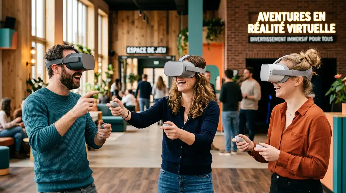 Group of adults playing together with virtual reality headsets in an immersive room
