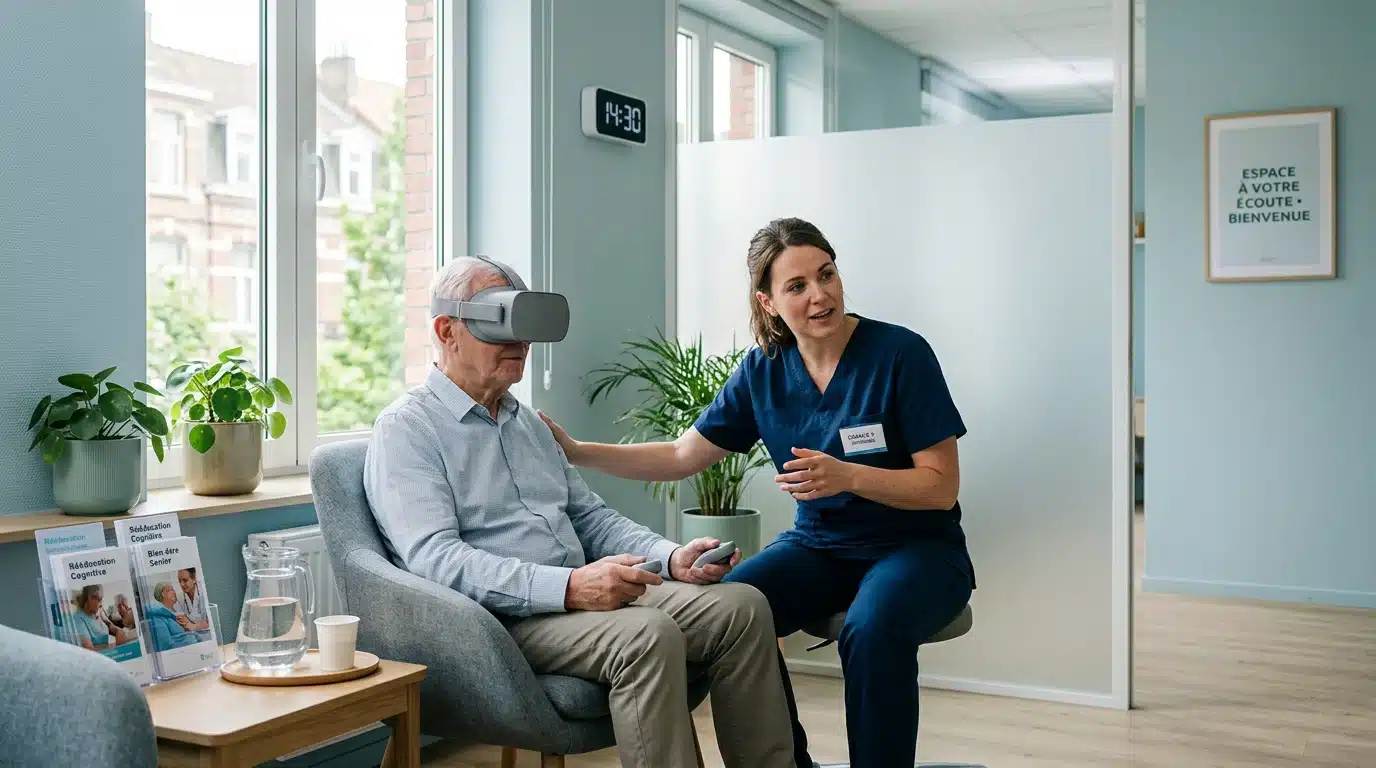 Healthcare professional accompanying a patient equipped with a virtual reality headset in a therapy session