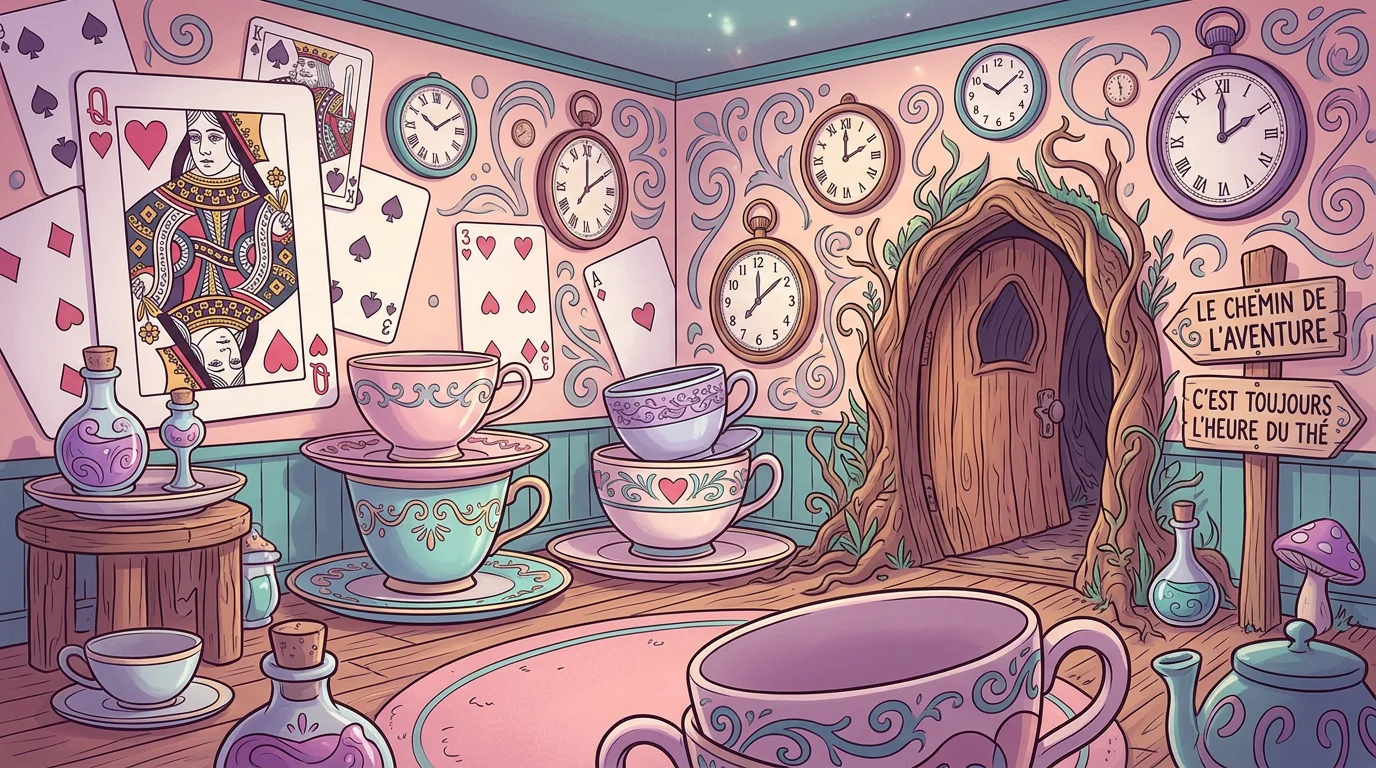 Décor féérique d'une salle d'escape game inspirée d'Alice au pays des merveilles