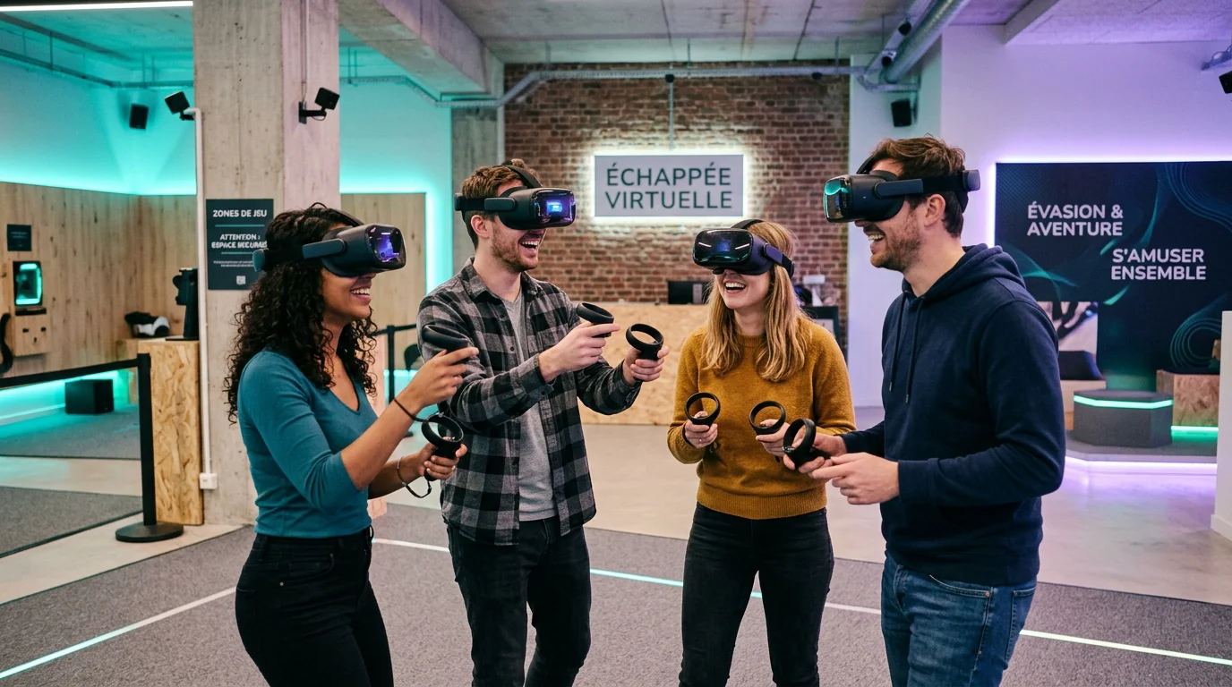 Groupe d'amis jouant à un escape game en réalité virtuelle à Bruxelles
