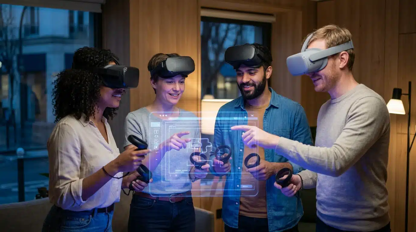 Groupe de joueurs équipés de casques VR résolvant une énigme en équipe