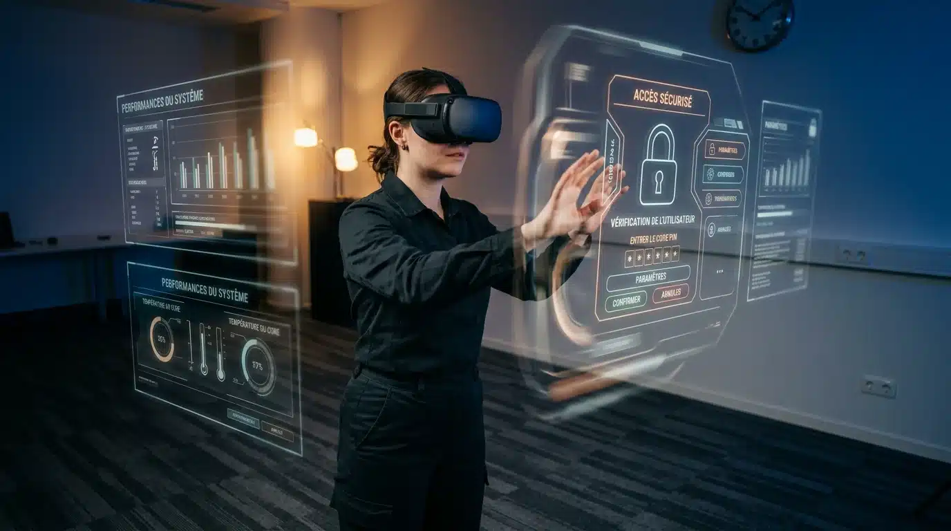 Joueur immergé interagissant avec un mécanisme virtuel dans un escape game VR
