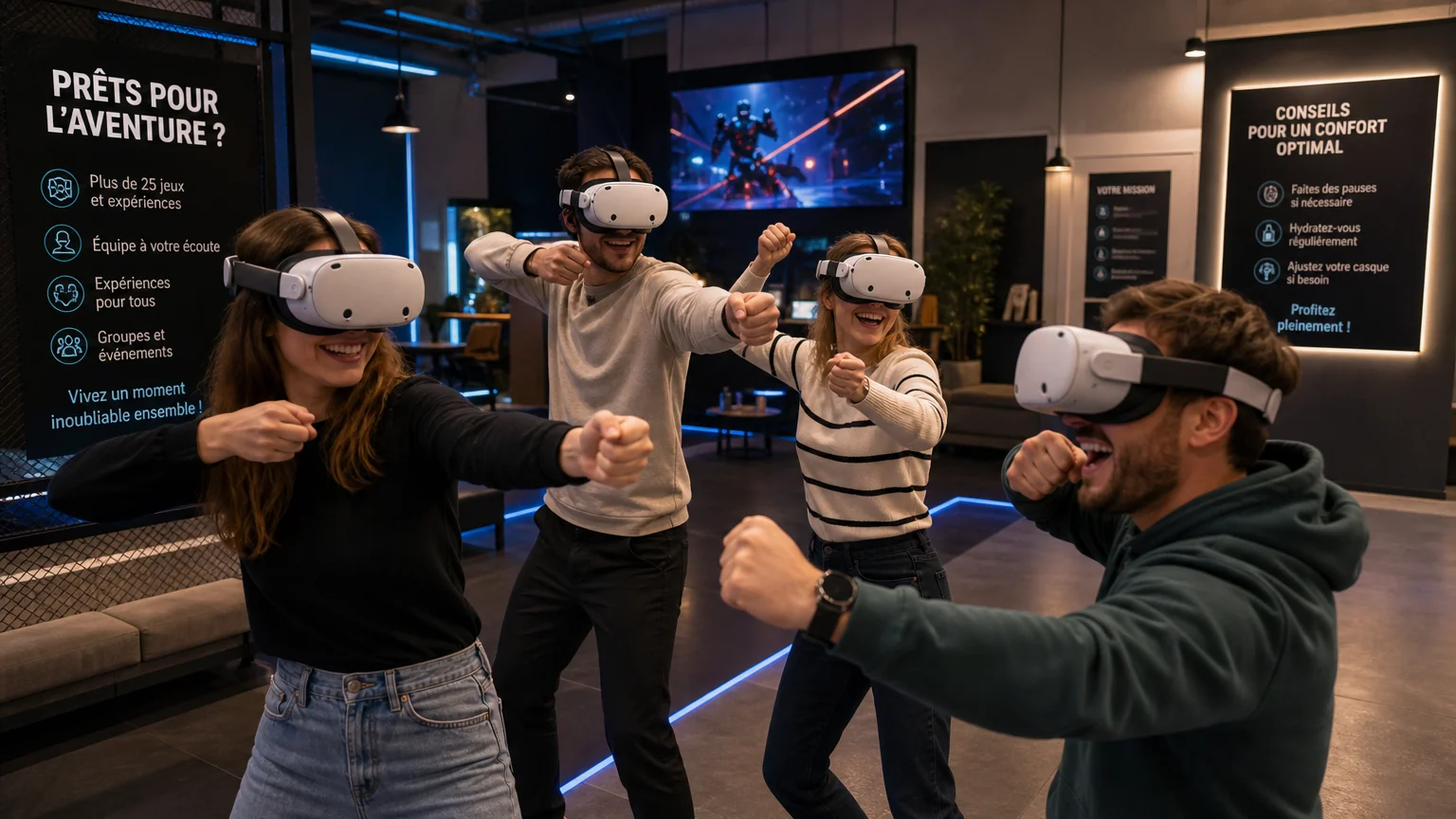 Groupe de quatre amis jouant ensemble en réalité virtuelle