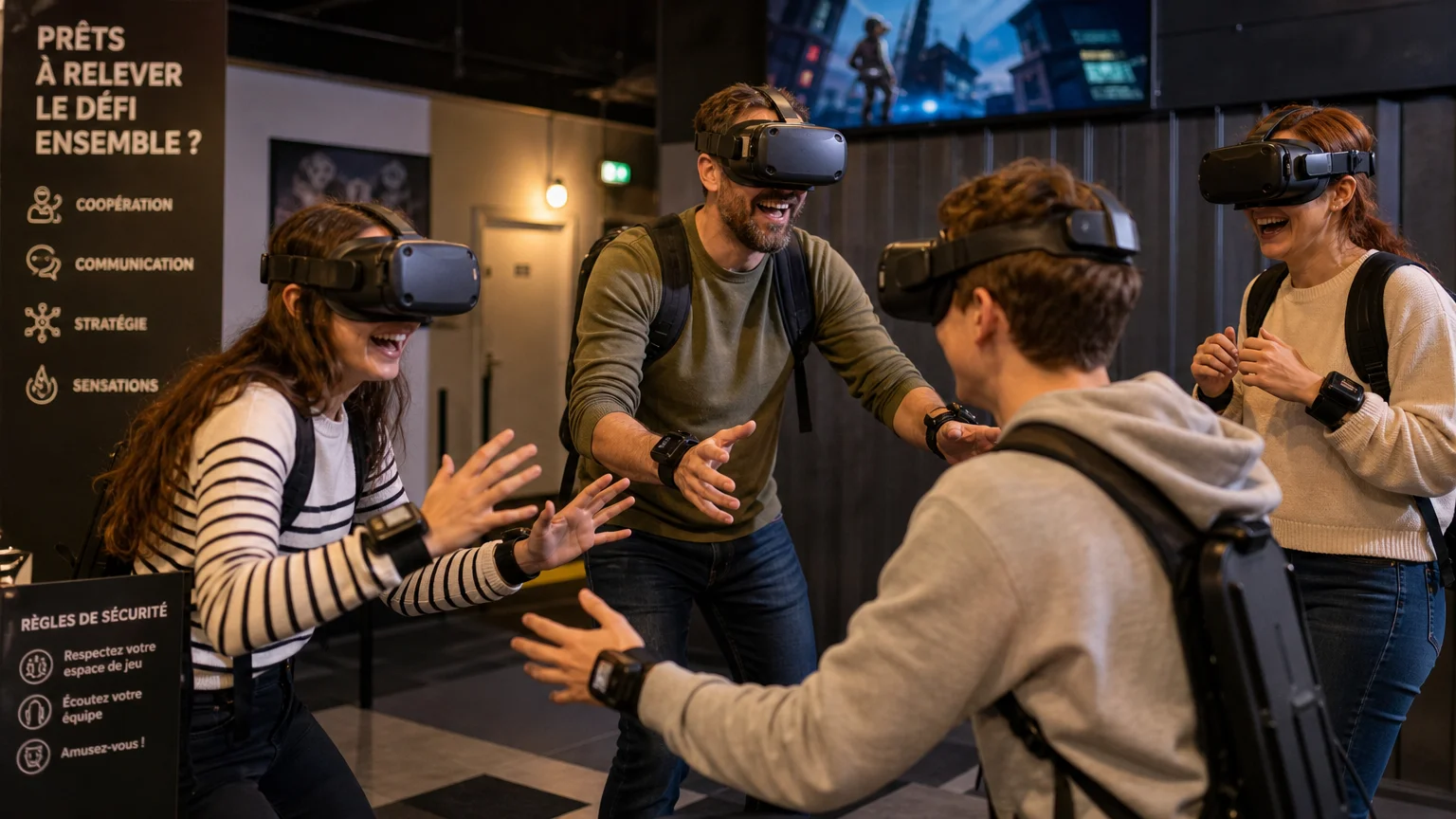 Groupe de joueurs portant des casques VR lors d'une activité de groupe immersive