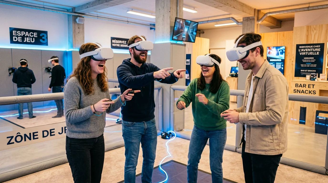Groupe d'adultes portant des casques de réalité virtuelle dans une salle de jeu immersive