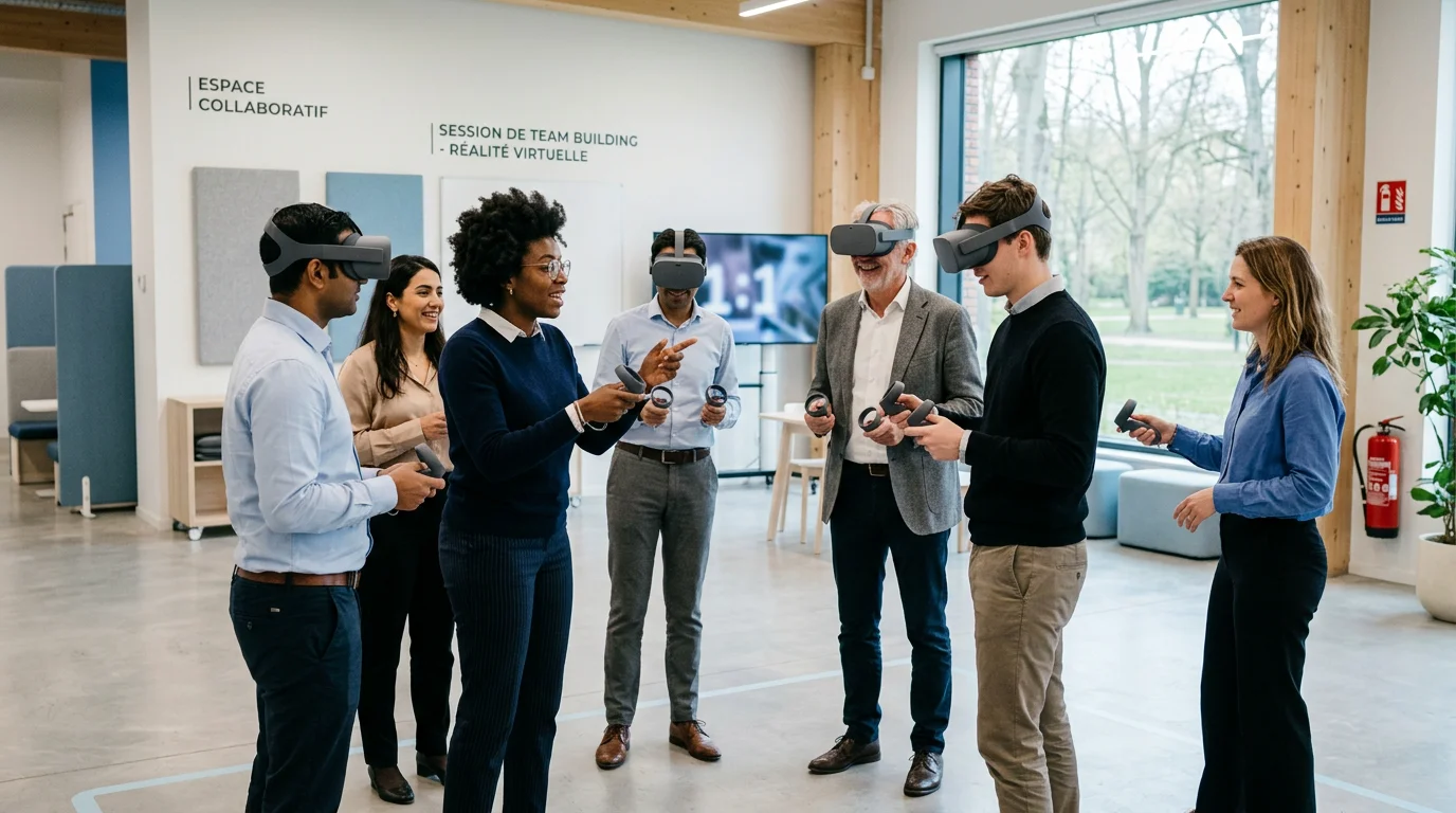 Équipe de collègues lors d'une session de team building en réalité virtuelle