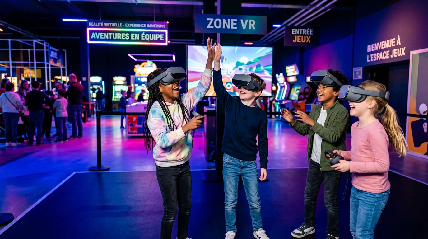 Groupe d'enfants jouant ensemble avec des casques de réalité virtuelle lors d'un anniversaire