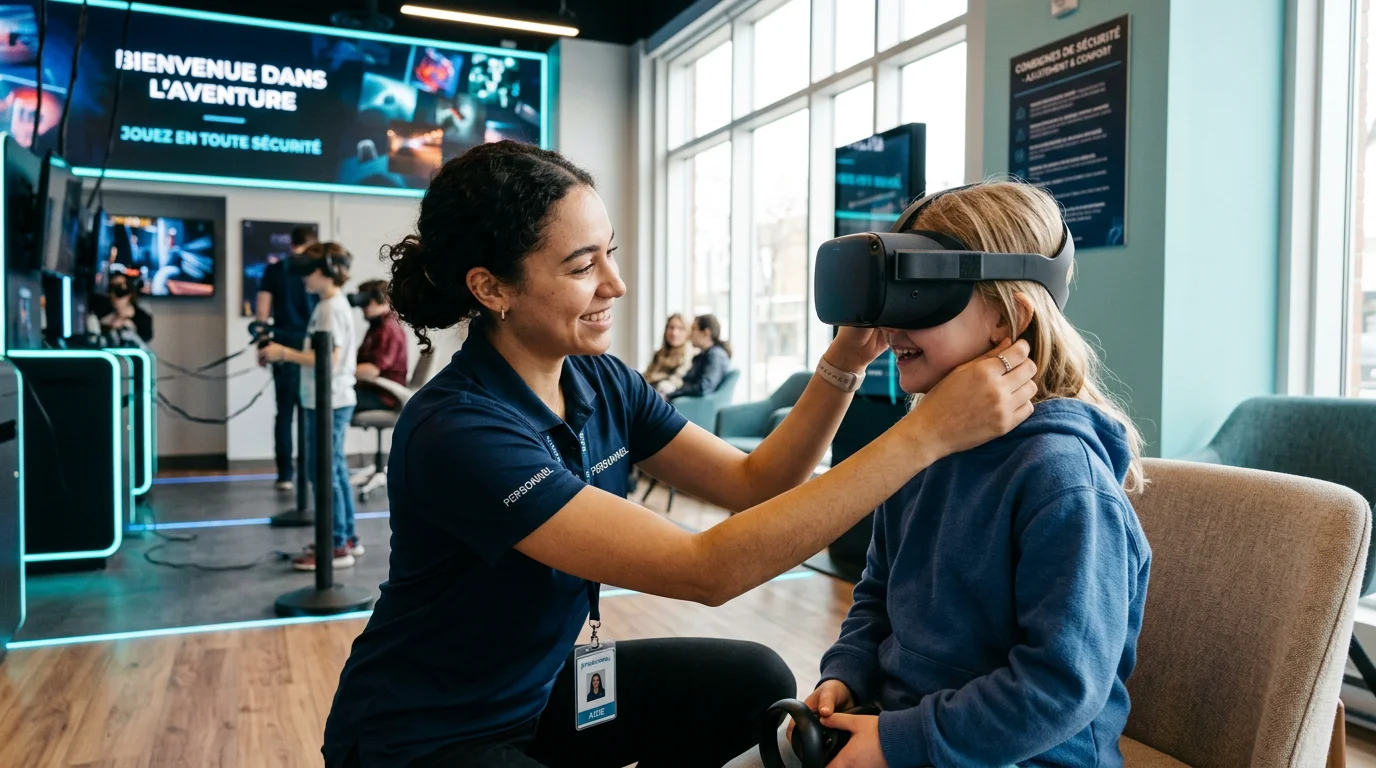Animateur ajustant un casque de réalité virtuelle sur un enfant pour un confort optimal
