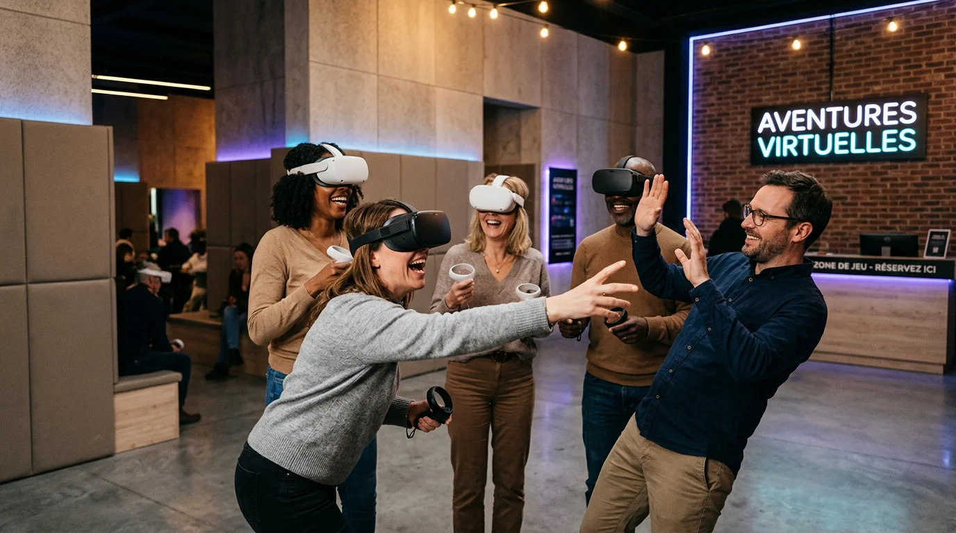 Groupe d'adultes vivant une activité en réalité virtuelle lors d'un anniversaire