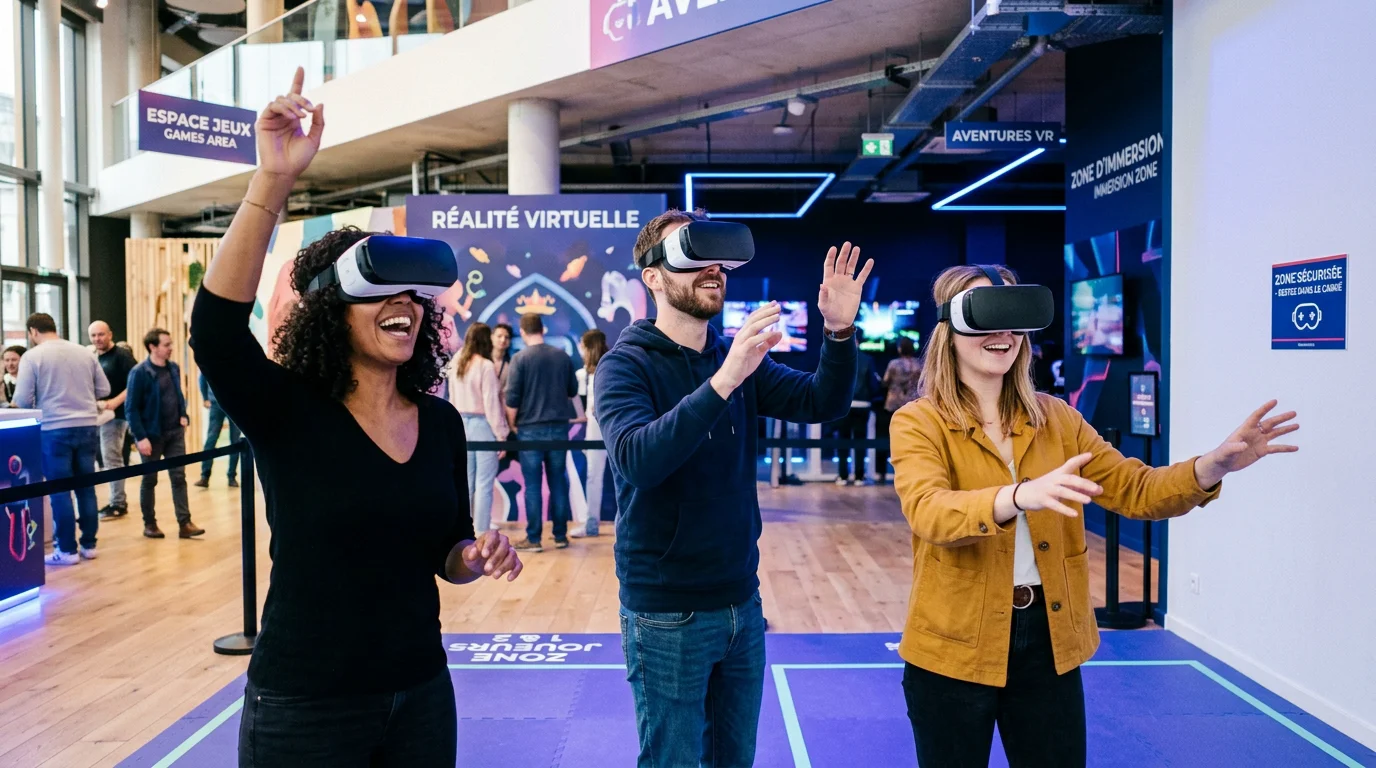 Groupe d'adultes vivant une expérience immersive en réalité virtuelle