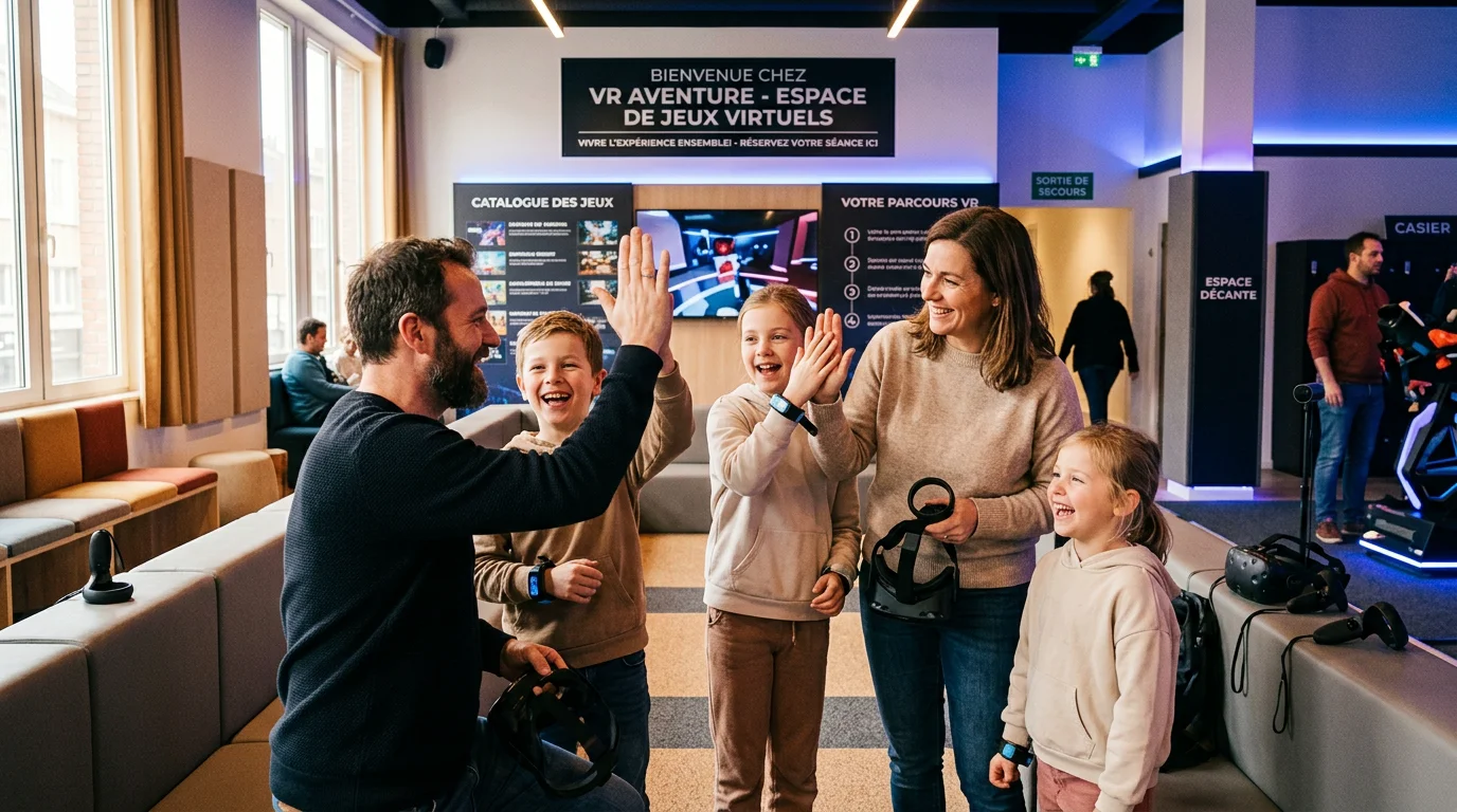 Famille partageant un moment convivial après une session de réalité virtuelle