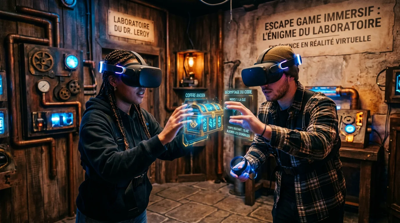 Deux joueurs résolvant une énigme dans un escape game en réalité virtuelle