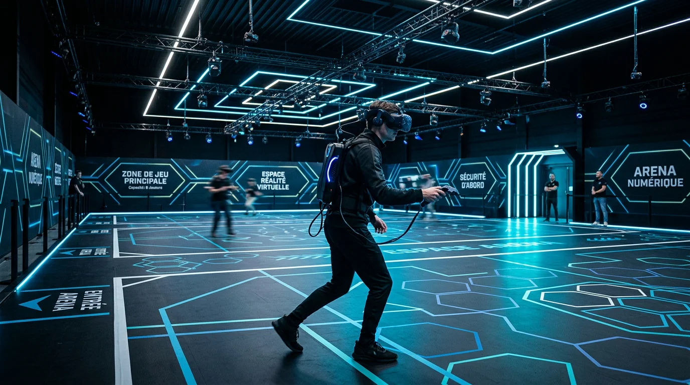 Joueur en arène free-roam de réalité virtuelle à Bruxelles