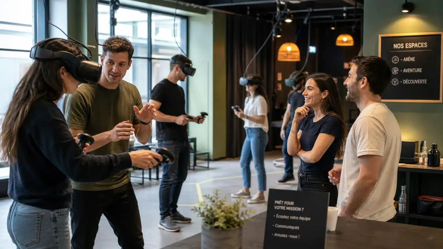 Équipe de collègues collaborant pendant une activité de réalité virtuelle