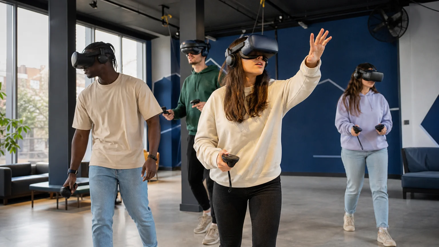 Groupe d’amis vivant une expérience de réalité virtuelle 4D en déplacement libre