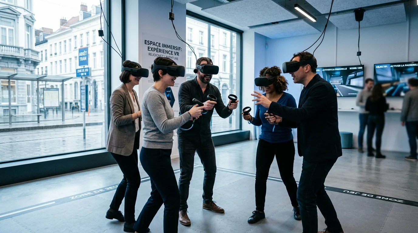 Une équipe portant des casques de réalité virtuelle lors d'un événement d'entreprise à Bruxelles