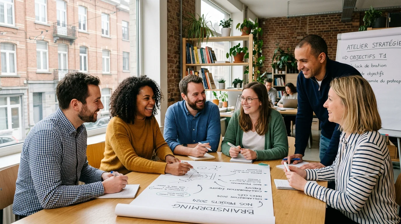 Des collègues collaborent avec enthousiasme lors d'une activité de cohésion d'équipe à Bruxelles