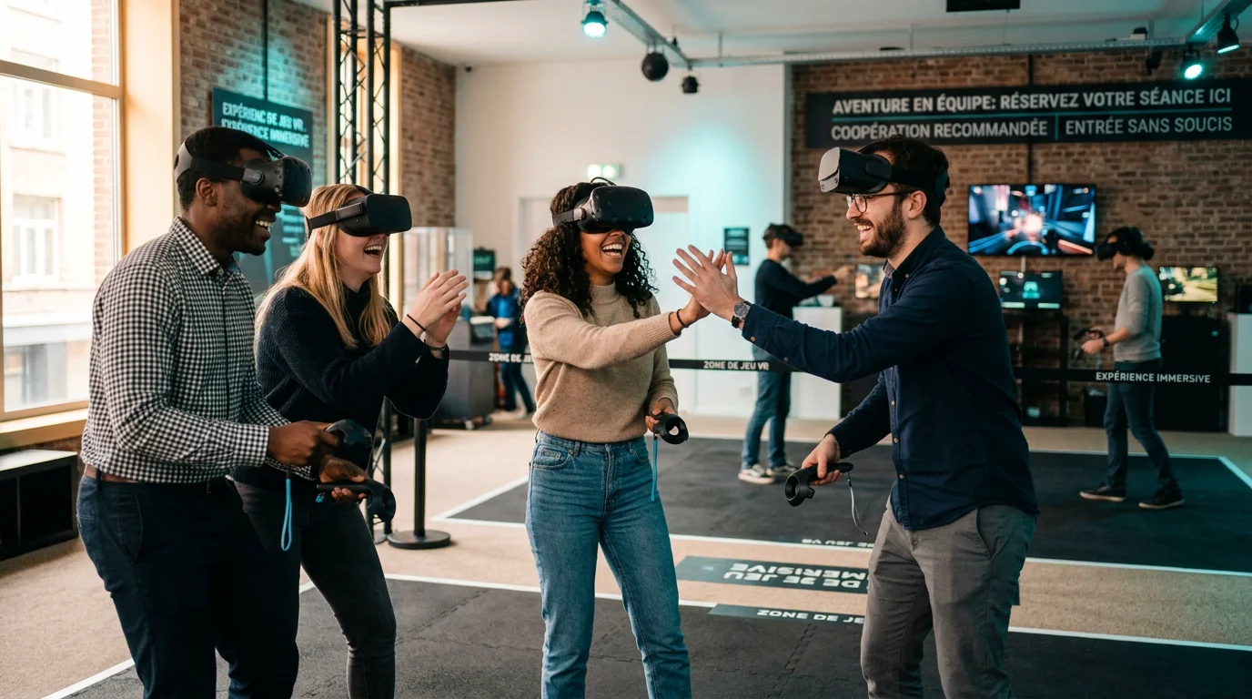 Groupe d'adultes jouant ensemble avec des casques de réalité virtuelle en intérieur