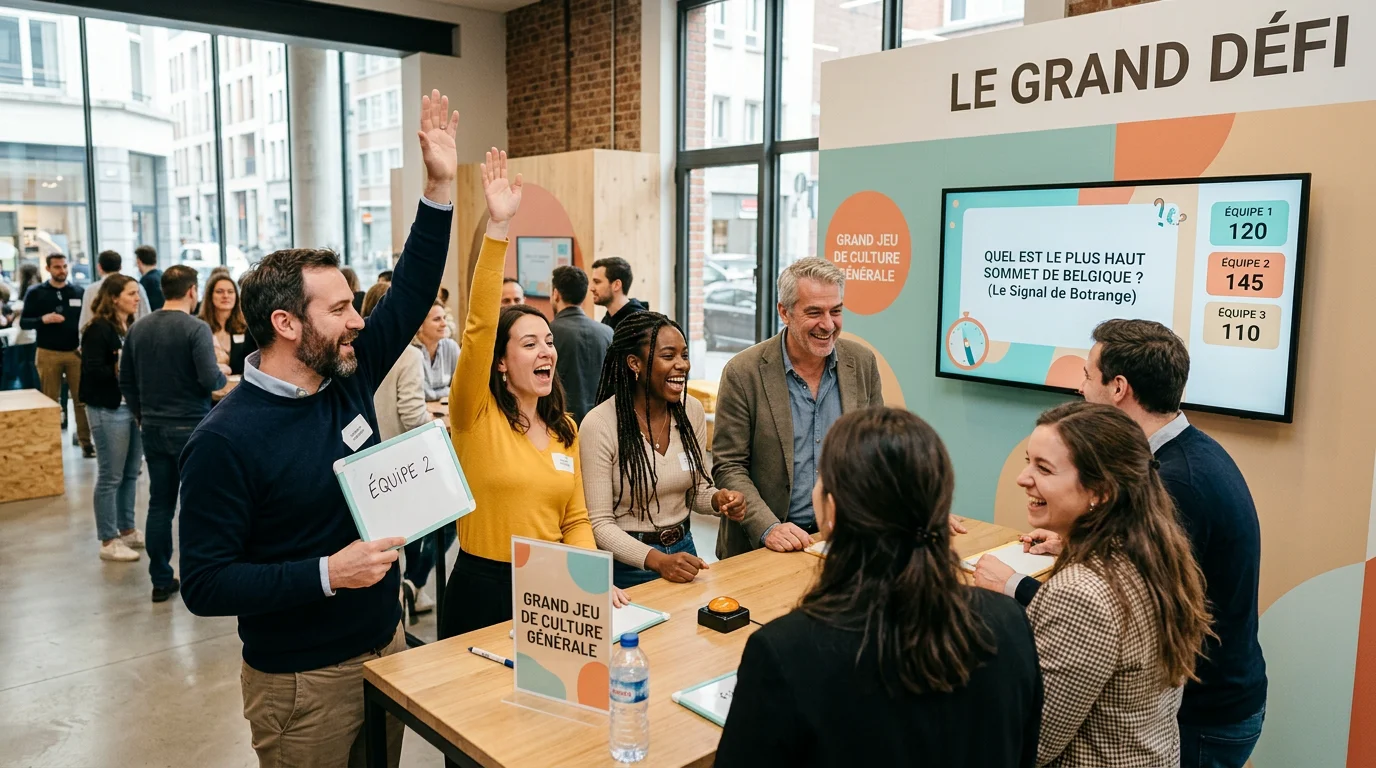 Groupe intergénérationnel participant à un quiz en équipe en intérieur