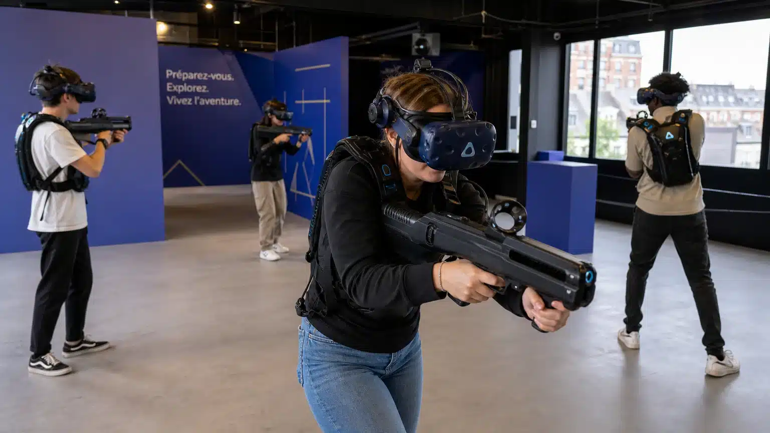 Groupe de joueurs participant à une partie de laser game VR dans une arène immersive