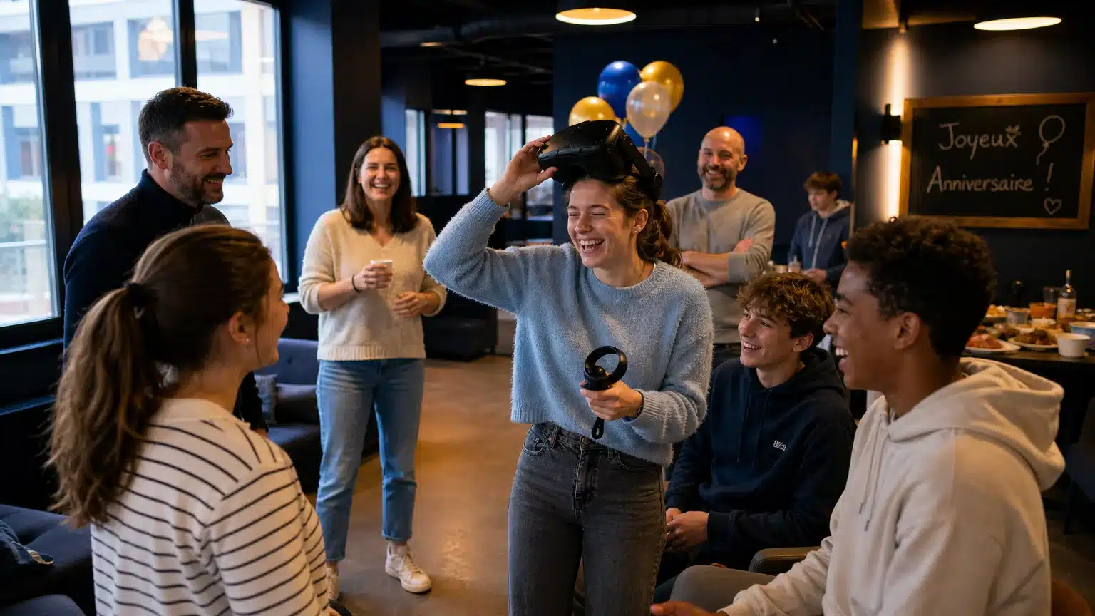 Groupe d’amis réunis pour un anniversaire avec une activité immersive