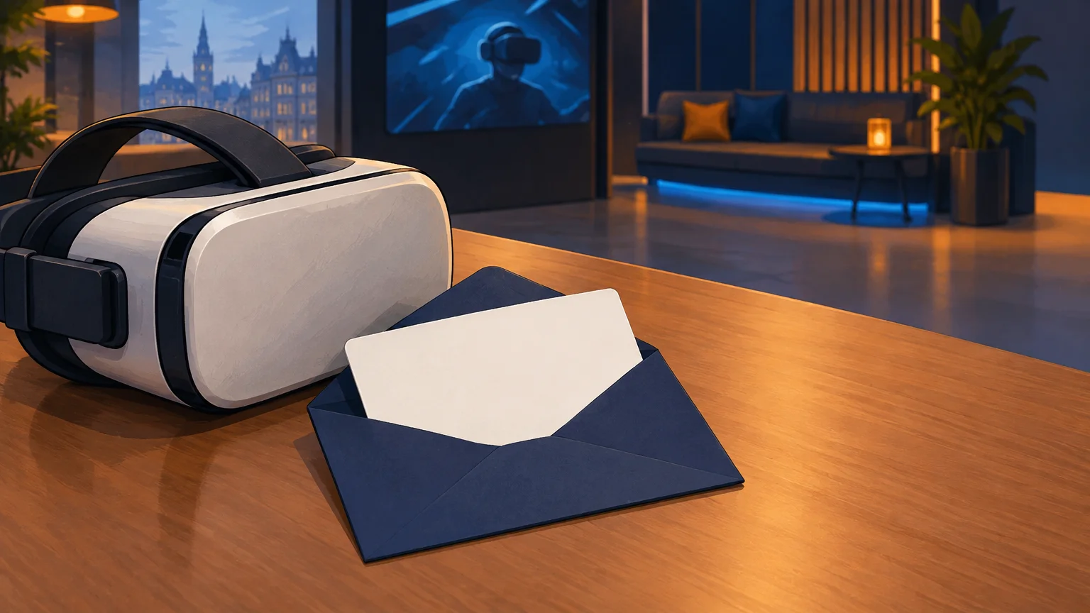 Carte cadeau et casque de réalité virtuelle présentés dans un espace immersif