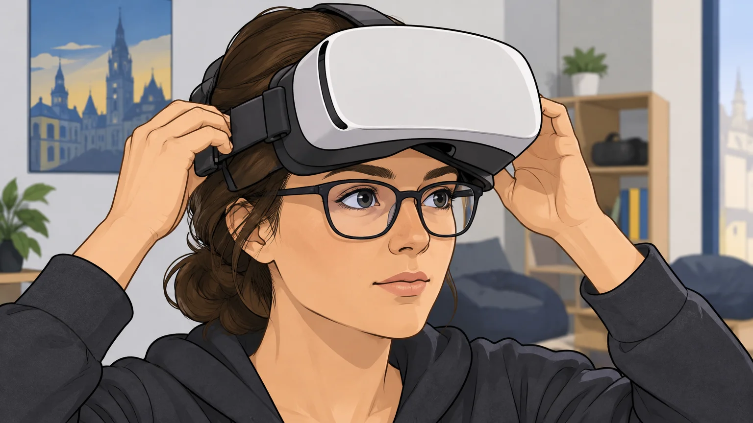 Un participant ajuste son casque VR tout en portant ses lunettes de vue