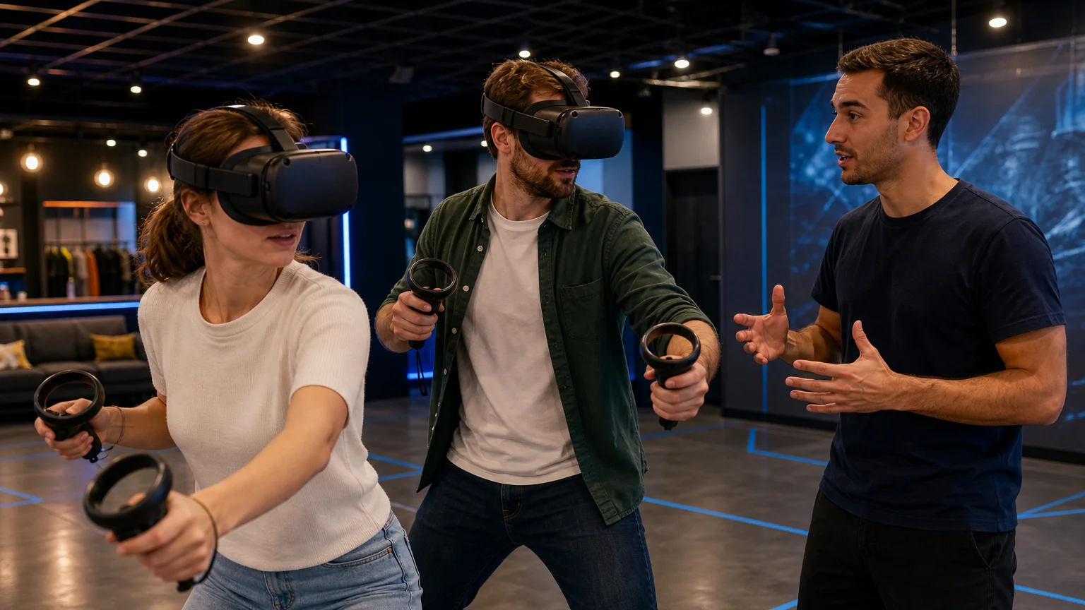Des joueurs reçoivent des explications avant une expérience de réalité virtuelle