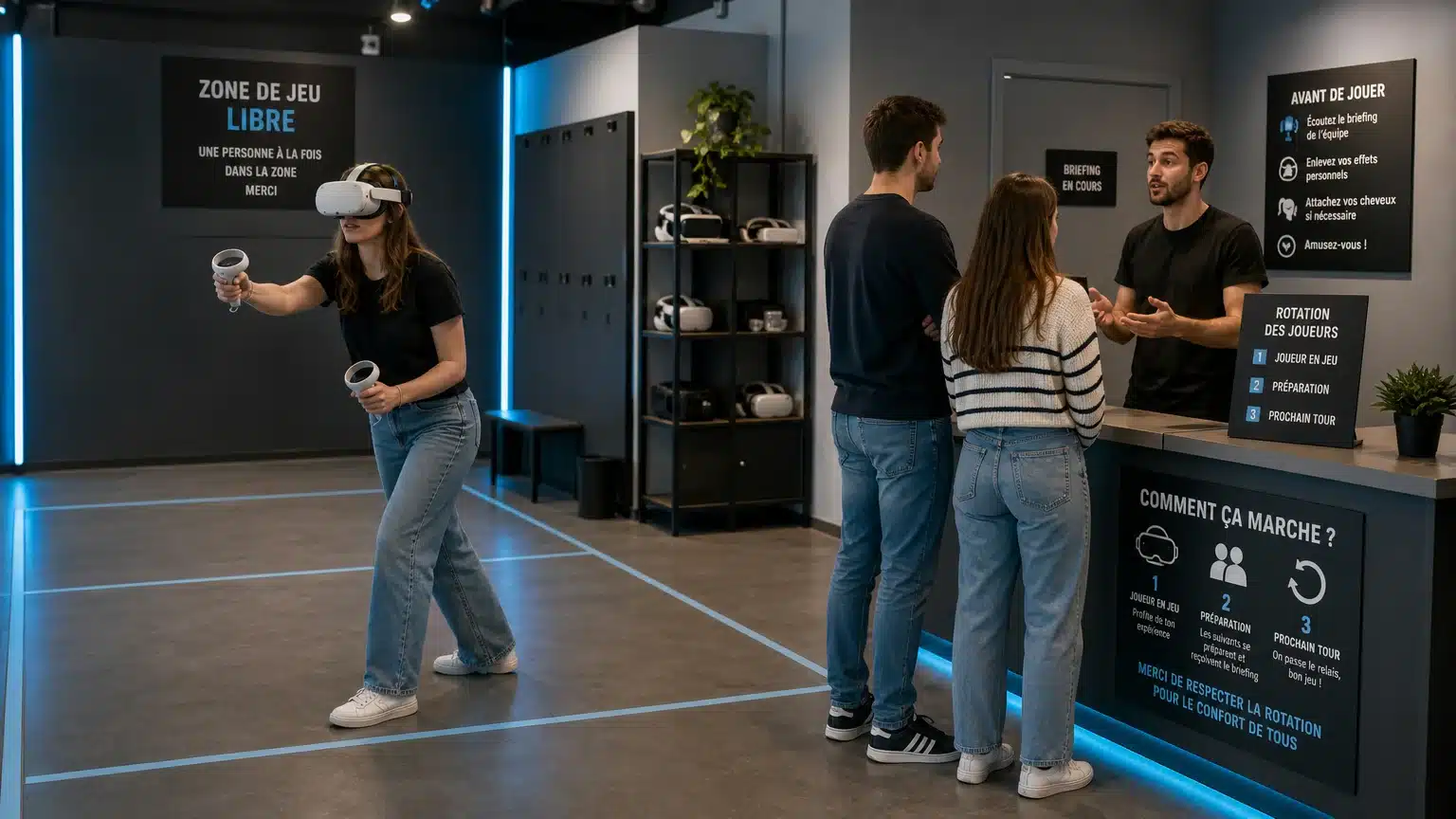 Des collègues se relaient pendant une activité VR en équipe